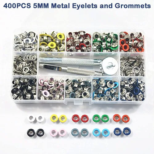 Vista 3 de 400 unidades, 10 colores, ojales de metal de 0.197 in y ojales con caja de almacenamiento de herramientas de instalación para ropa, zapatos, bolsa