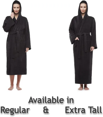 Vista 2 de Arus Bata de baño clásica con capucha para mujer, bata de algodón turco con opciones de longitud completa Negro