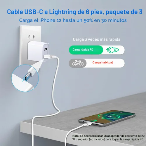 Vista 2 de Mitesbony - Cable USB C a Lightning [certificado MFi] Paquete de 3 cables de carga para iPhone de 1.8 m, entrega de energía tipo C, cable de carga