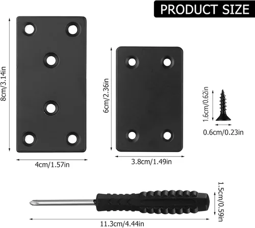 Vista 2 de Placas planas de reparación, 8 placas rectas planas de metal negro, soportes de fijación de unión, placas de fijación planas para madera, estantes
