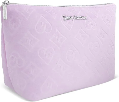 Vista 2 de Juicy Couture Bolsa de maquillaje púrpura lavanda organizador de cosméticos esenciales de viaje con cremallera superior cuña terciopelo corazón