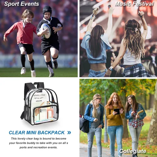 Vista 6 de Mini mochila transparente aprobada para estadios, mochila transparente resistente para conciertos, viajes de seguridad y estadio, Negro Pocket, M