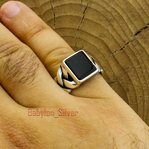 Vista 3 de Anillo de lujo de plata de ley 925 maciza auténtica, piedra de ónix negro
