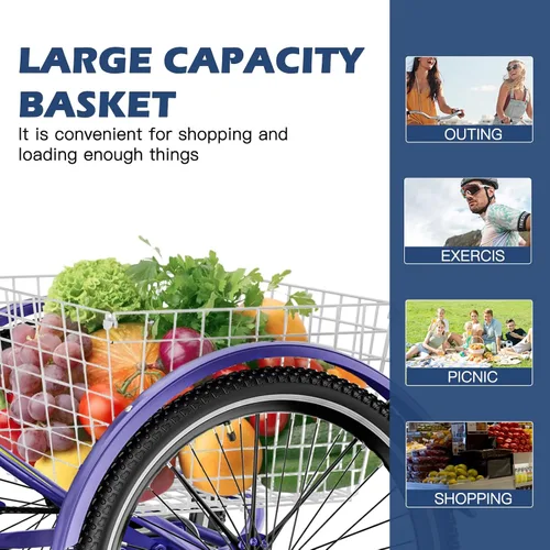 Vista 7 de Barbella Triciclos para adultos, 7 velocidades para adultos, bicicletas de 3 ruedas de 20/24/26 pulgadas, bicicleta de crucero con cesta