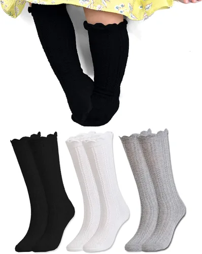 Vista 10 de EPEIUS Girls Cotton Knee High Socks Mesh Ruffle School Uniform Long Socks Clásico de otoño (blanco/gris/azul marino/amarillo/vino)