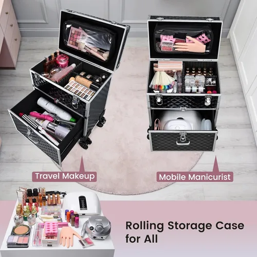 Vista 4 de Estuche de maquillaje profesional con cajón para artistas de maquillaje, estuche de tren cosmético, estuche de almacenamiento grande para técnicos