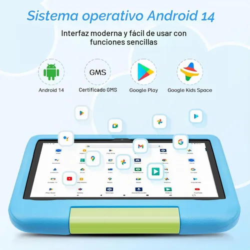 Vista 6 de Tablet Android 14 para niños – Tableta para niños de 10.1 pulgadas con funda EVA azul, Android 14, CPU A523 Octa-Core, 8GB+64GB, Wi-Fi 6