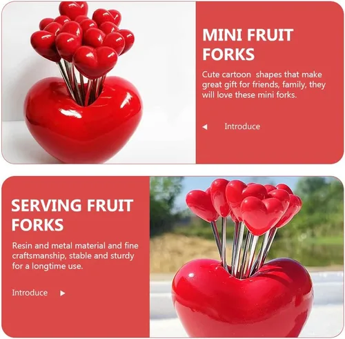 Vista 3 de 1 juego de tenedores de cóctel en forma de corazón tenedores de frutas palo decorativo palillo de alimentos con soporte para fiesta en el hogar