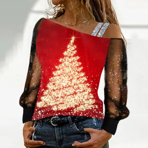Vista 3 de TXIAOLLY Blusa de manga larga con cuello vuelto para mujer, blusa casual con hombros descubiertos para árbol de Navidad