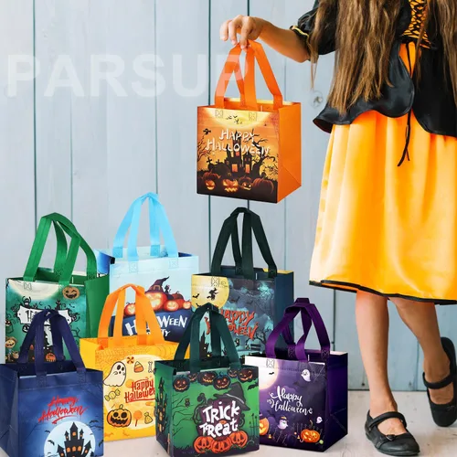 Vista 5 de PARSUP 8 bolsas de Halloween, bolsas de mano con asas, bolsas de regalo de bronce metálico, bolsas de regalo no tejidas para dulce o truco