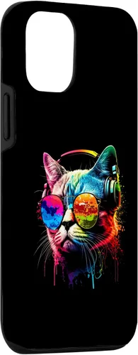 Vista 3 de Funda divertida para iPhone 15 DJ Cat con gafas de sol, auriculares y música