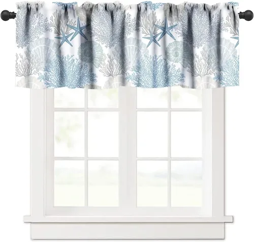 Vista 14 de JESTRONRY Cenefa de estrellas de mar con diseño de conchas marinas, cenefas de cortina con temática de playa oceánica para dormitorio, sala