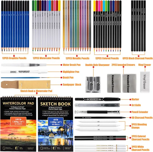 Vista 2 de Drawdart Art Supplies - Juego de lápices de dibujo, 76 unidades, kit de dibujo profesional con cuaderno de bocetos y bloc de acuarela, incluye