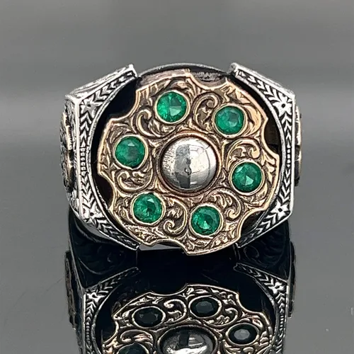 Vista 2 de Men Handmade Emerald Stone Ring, Rotating Split Ring, Micro Stone Ring, Ottoman Style Silver Ring, 925k Sterling Silver Ring