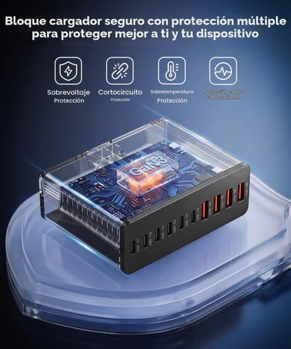 Vista 3 de Estación de carga USB C de 10 puertos con 4 cables, bloque