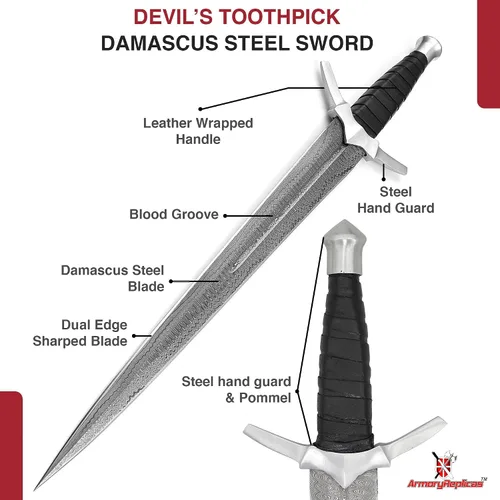 Vista 3 de Armory Replicas™ SS/KA Palillo de dientes del diablo Damasco Daga de Acero Espada Corta con Funda de Cuero
