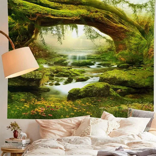 Vista 5 de Llamazing - Tapiz de paisaje forestal para decoración del hogar - Tapiz mágico para sala de estar y dormitorio
