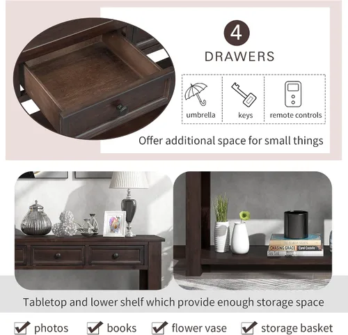 Vista 5 de Mesa consola rústica de 64 pulgadas para entrada, sofá de madera, mesa auxiliar con cajón y estante de almacenamiento para pasillo, mesa ocasional