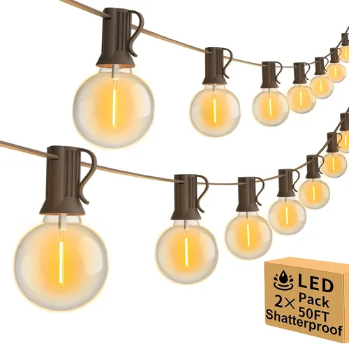 Vista 9 de Guirnalda de luces para exteriores de 100 pies, impermeable, conectable, regulable con 52 bombillas LED inastillables, paquete de 2 tiras de luces