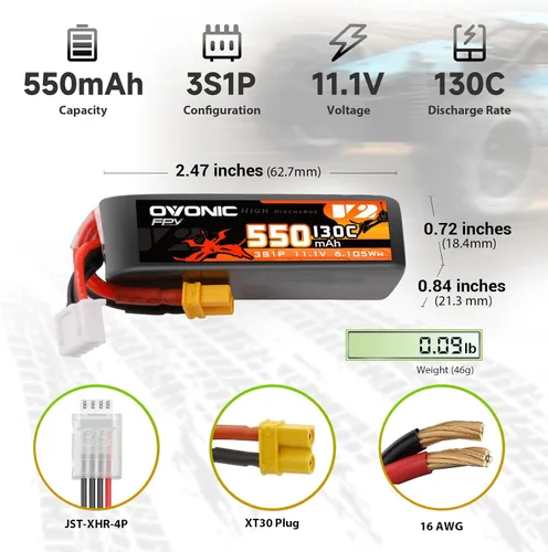 Vista 2 de OVONIC 550mAh 11.1V 3S Lipo Battery 130C Soft Case con conector XT30 para coches RC, camiones, aviones, drones – 4