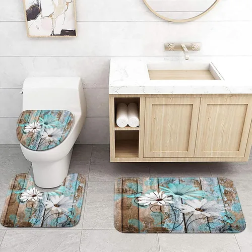 Vista 57 de JAWO Alfombra de baño con flores de granja, dalia en tablones de madera rústica, juego de tapetes de baño con flores azules, en forma de U