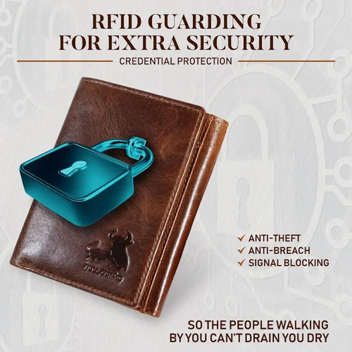 Vista 5 de Bull Guard - Cartera de cuero auténtico de doble pliegue tres secciones y protección RFID con ventana para documento identificación y bolsillo