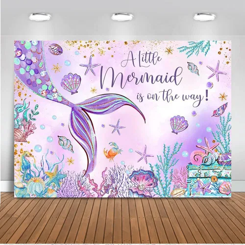 Vista 7 de Mocsicka Telón de fondo de sirena para baby shower, sirena rosa bajo el mar, decoración de fiesta de baby shower para niñas, fondo de fotografía