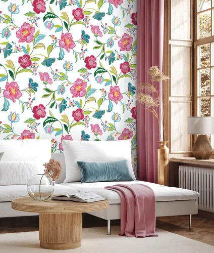 Vista 2 de NextWall Papel tapiz autoadhesivo con diseño floral (magenta y blanquecino)