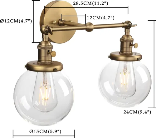 Vista 6 de Phansthy Lámpara de pared industrial vintage de 2 luces con doble pantalla de cristal de globo de 5.9 pulgadas (antiguo)