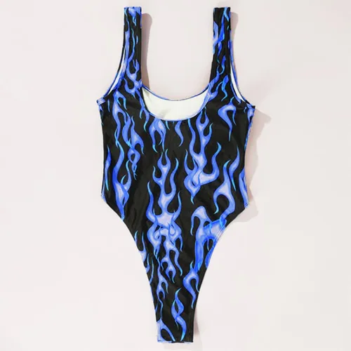 Vista 6 de Traje de baño de una pieza con estampado de llama para mujer, traje de baño de corte alto, bikini traje de baño para rave