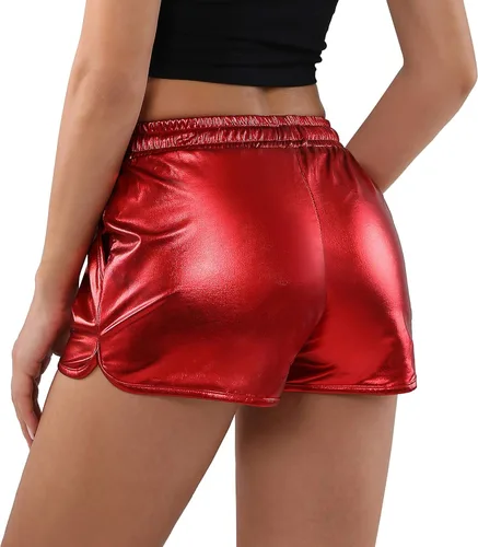 Vista 2 de POSHDIVAH Pantalones cortos metálicos para mujer con cordón elástico