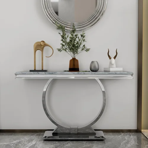 Vista 10 de Mesa consola Asday dorada, mesa de entrada de 50 pulgadas en negro glamuroso y dorado con base en forma de U, mesa de entrada dorada pulida