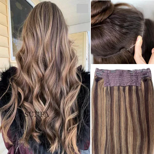 Vista 13 de Extensiones de cabello con alambre negro, extensiones de cabello balayage, extensiones de cabello con alambre de cabello humano, 14 pulgadas 70 g
