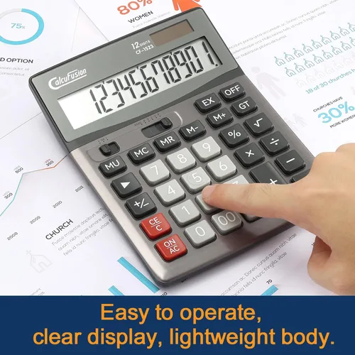 Vista 6 de Calculadora de escritorio de 12 dígitos con pantalla LCD grande, botones grandes, función estándar básica, calculadora solar con batería