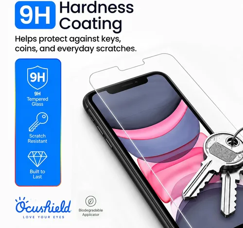 Vista 7 de Ocushield Protector de pantalla de vidrio templado antiluz azul para iPhone XR iPhone 11 6.1" - Protege tus ojos, reduce las migrañas y mejora