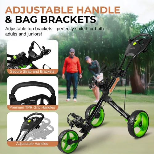 Vista 3 de JOVIAL Foldable 3 Wheel Junior Golf Push Cart, Lightweight Aluminum Pull Cart with Deluxe Scorecard Holder, Adjustable Handle, Quick Brake System