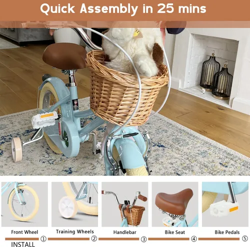 Vista 6 de Glerc Little Molly - Bicicleta de crucero retro para niños de 2 a 13 años de edad con cesta de mimbre y ruedas de entrenamiento/soporte, varios
