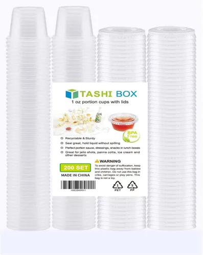 Vista 5 de TashiBox 200 juegos de vasos de gelatina de 1 onza con tapas, vasos de plástico para porciones de soufflé con tapas, transparentes