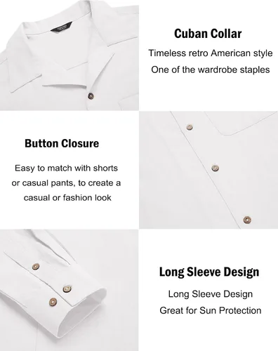 Vista 5 de COOFANDY Men's Cotton Linen Shirts Long Sleeve Casual Buttton Down Shirts Beach Top