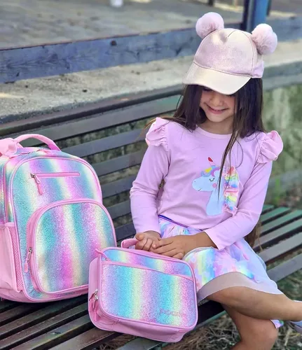 Vista 7 de mibasies Mochila para niñas y niños, ideal para niños y niñas, mochila para preescolar jardín de infantes y primaria, Glitter Rainbow, Niños-15"H