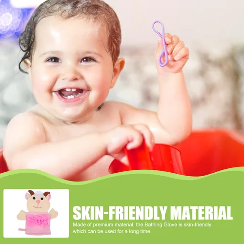 Vista 4 de LALAFINA 3 guantes de baño con bonito patrón de dibujos animados para niños y niñas, exfoliantes de ducha, suministros de baño ligeros y seguros
