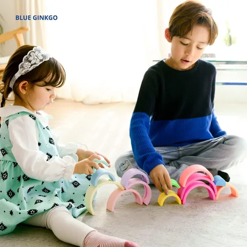 Vista 4 de BLUE GINKGO - Rompecabezas de silicona de arco iris, bloques de construcción de juguetes apilables para bebés, anidación Montessori de extremo