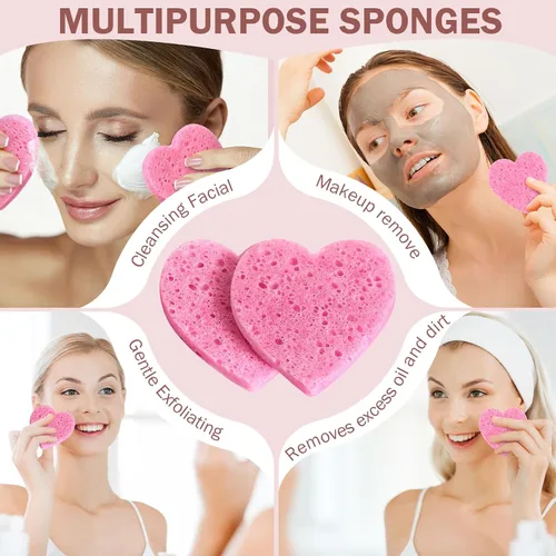 Vista 6 de Dandat 300 esponjas faciales comprimidas en forma de corazón, esponjas faciales para limpieza, almohadillas exfoliantes faciales naturales para Rosa