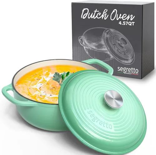 Vista 15 de Segretto Cookware Horno holandés ovalado de hierro fundido esmaltado, 7 cuartos de galón blanco Bianco Perla (Off-White)