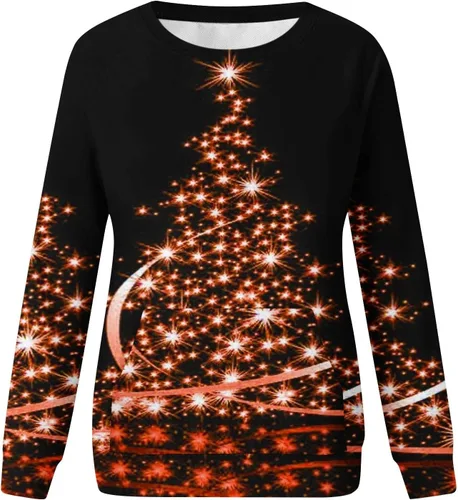 Vista 5 de Sudaderas de mujer para Navidad con patrón de reno brillante, blusa de manga larga, holgada, de Navidad