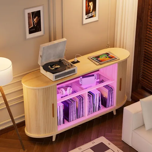 Vista 9 de Soporte para tocadiscos, gabinete de almacenamiento de discos de 55 pulgadas con estación de carga y puertos USB, soporte para tocadiscos