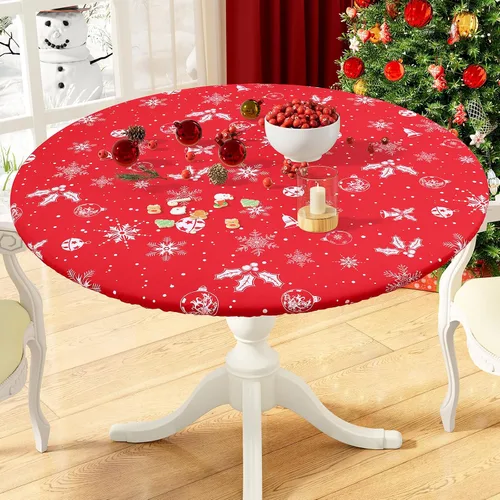 Vista 40 de misaya Mantel redondo ajustable con borde elástico, mantel de plástico impermeable a prueba de aceite, mantel con parte trasera de franela de vinilo