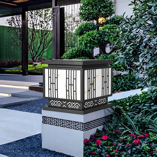 Vista 4 de Luces de poste para exteriores, lámpara de columna cuadrada de acero inoxidable con imitación de mármol, luz de valla impermeable para exteriores