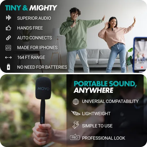 Vista 4 de Movo Micrófono inalámbrico Mini DI Ultra Compact Wireless Lavalier para iPhone con adaptador de mano WMX-HM - Micrófono de solapa con soporte
