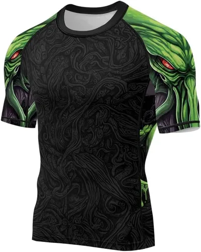 Vista 2 de Cthulhu - Camisa de compresión para hombre, manga corta, capa base, protección contra erupciones, adecuada para BJJ MMA Grappling
